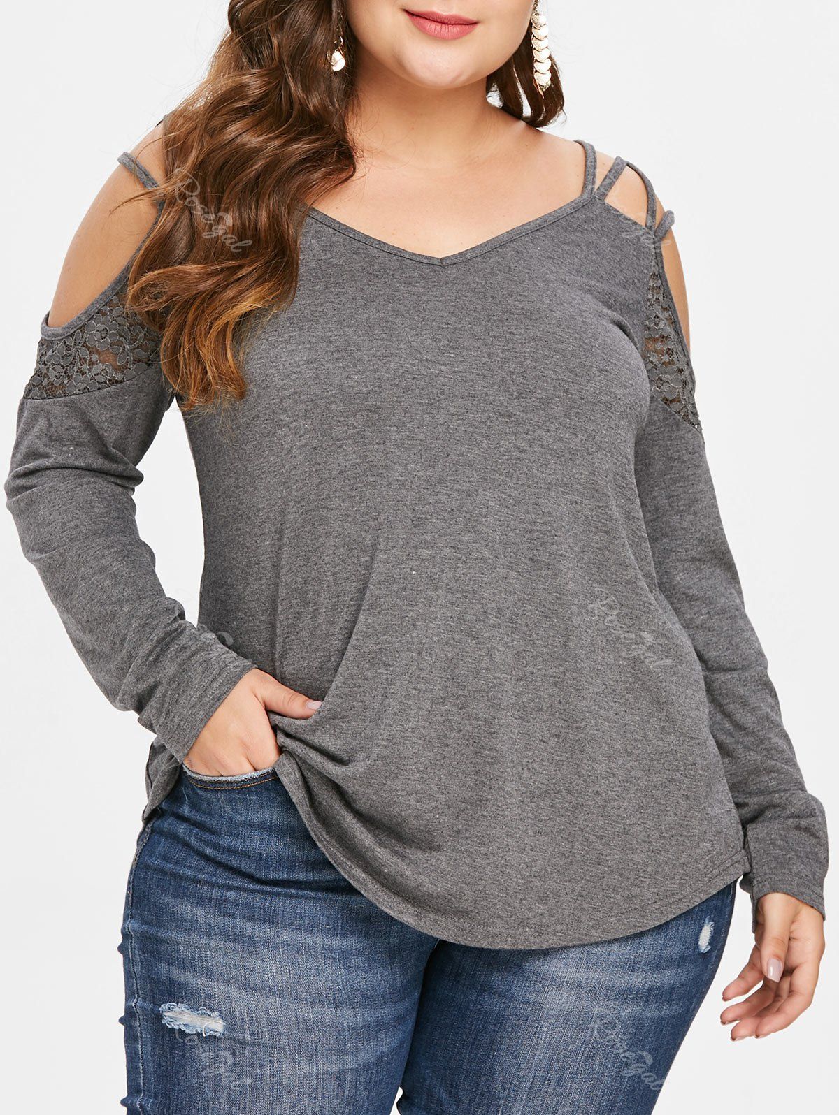 

Plus Size Cold Shoulder Lace Spliced V Neck Spaghetti Strap Tee, Gray