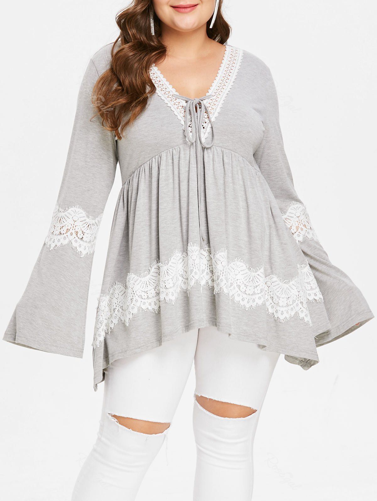 

Plus Size V Neck Lace Up Asymmetric Lace Spliced Long Sleeves Tee, Gray