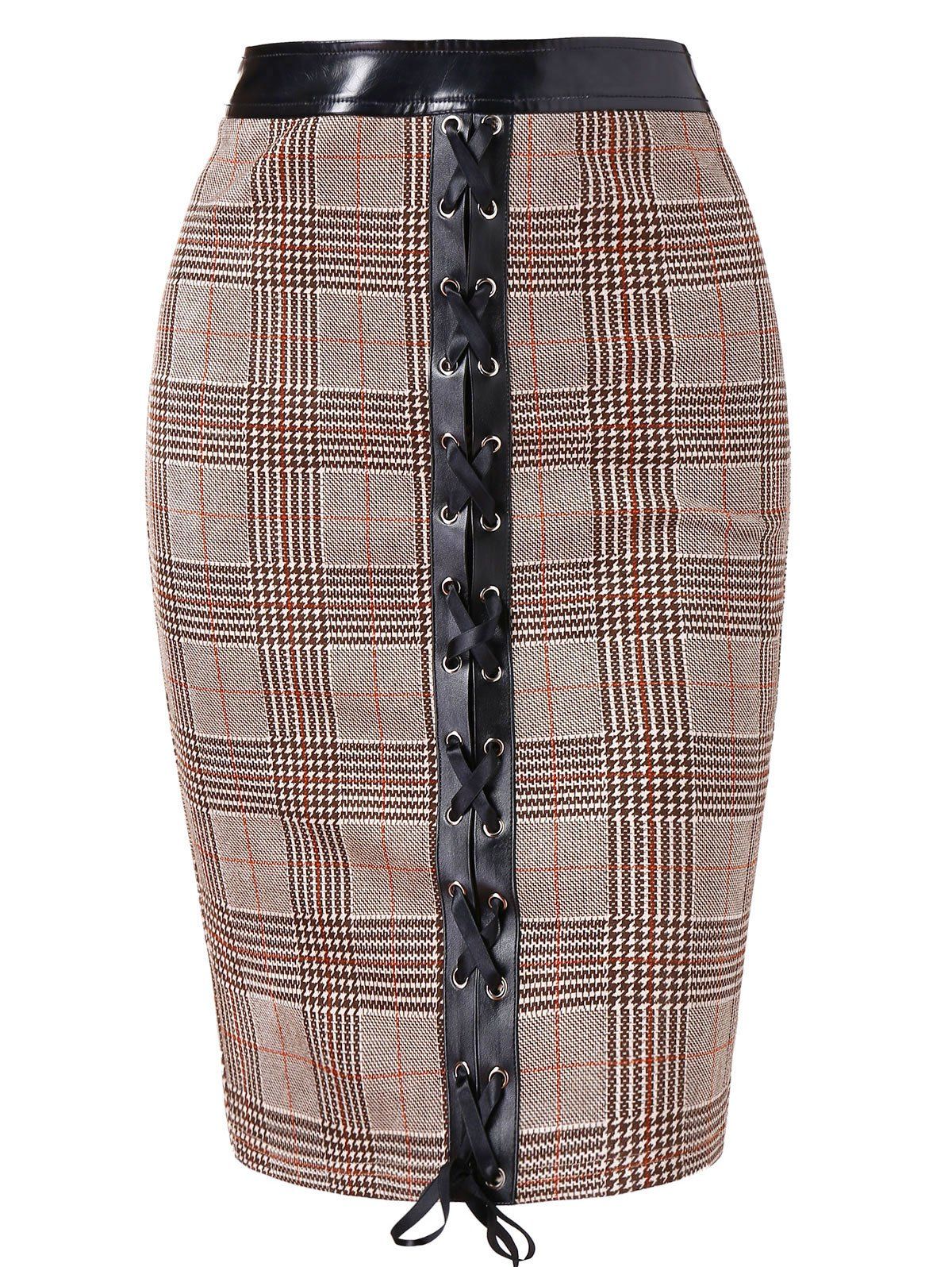 Plaid Lace Up Split Pencil Skirt, Multi