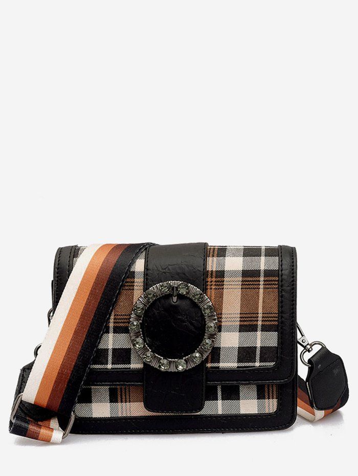 

Plaid Printed Rhinestone Magnetic Hook Crossbody Bag, Brown