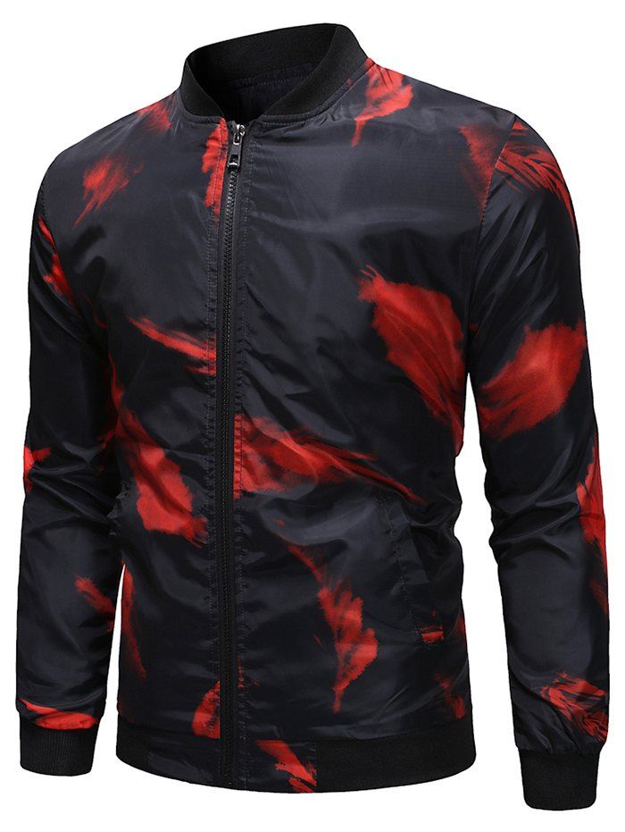 

Feathers Print Stand Collar Jacket, Black