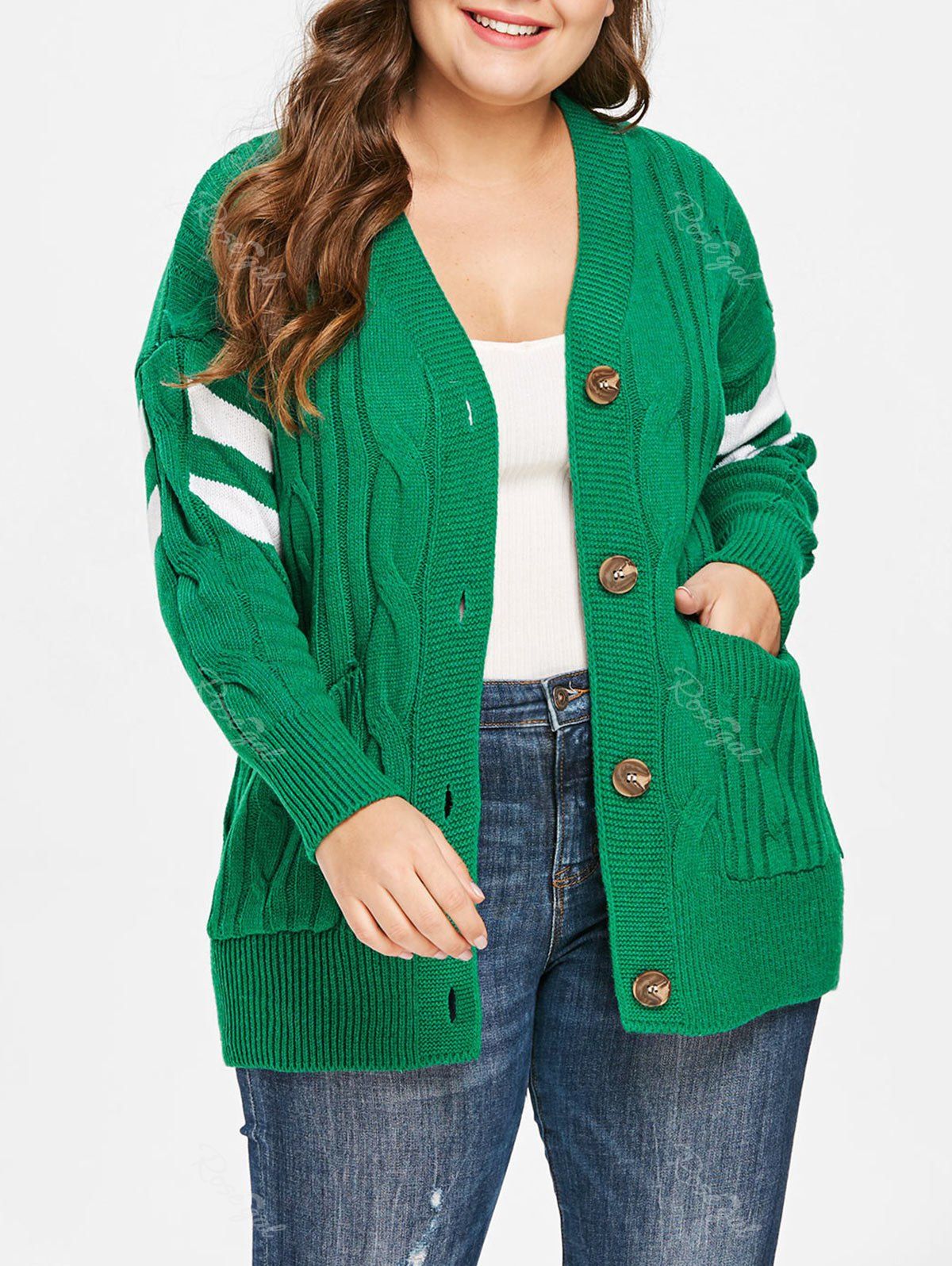 

Cable Knit Plus Size Button Detail Cardigan, Sea green
