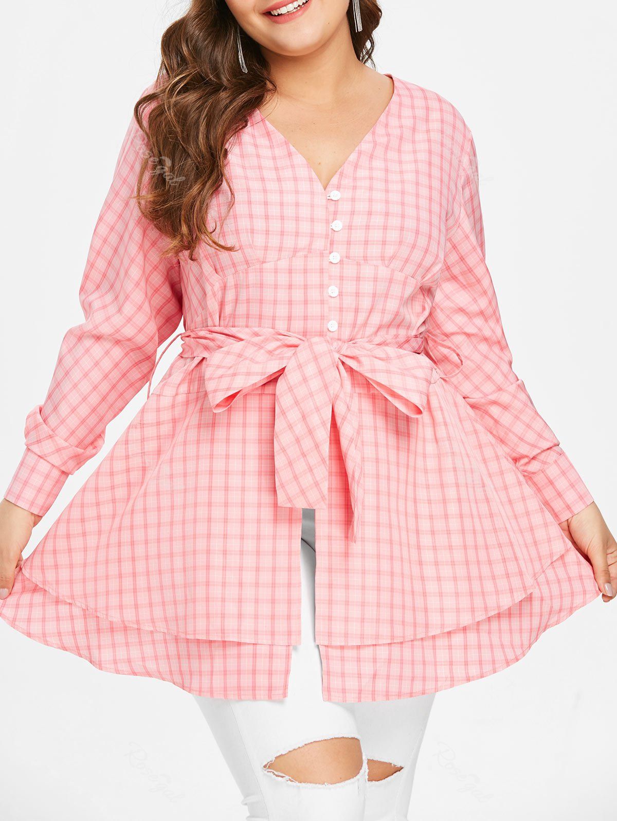 

Plus Size Bowknot Gingham Blouse, Pink