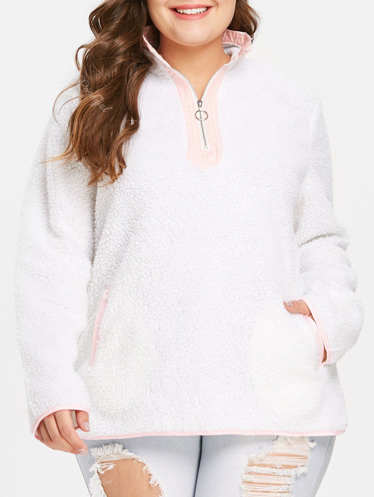 

Plus Size Contrast Trim Fluffy Hoodie, White