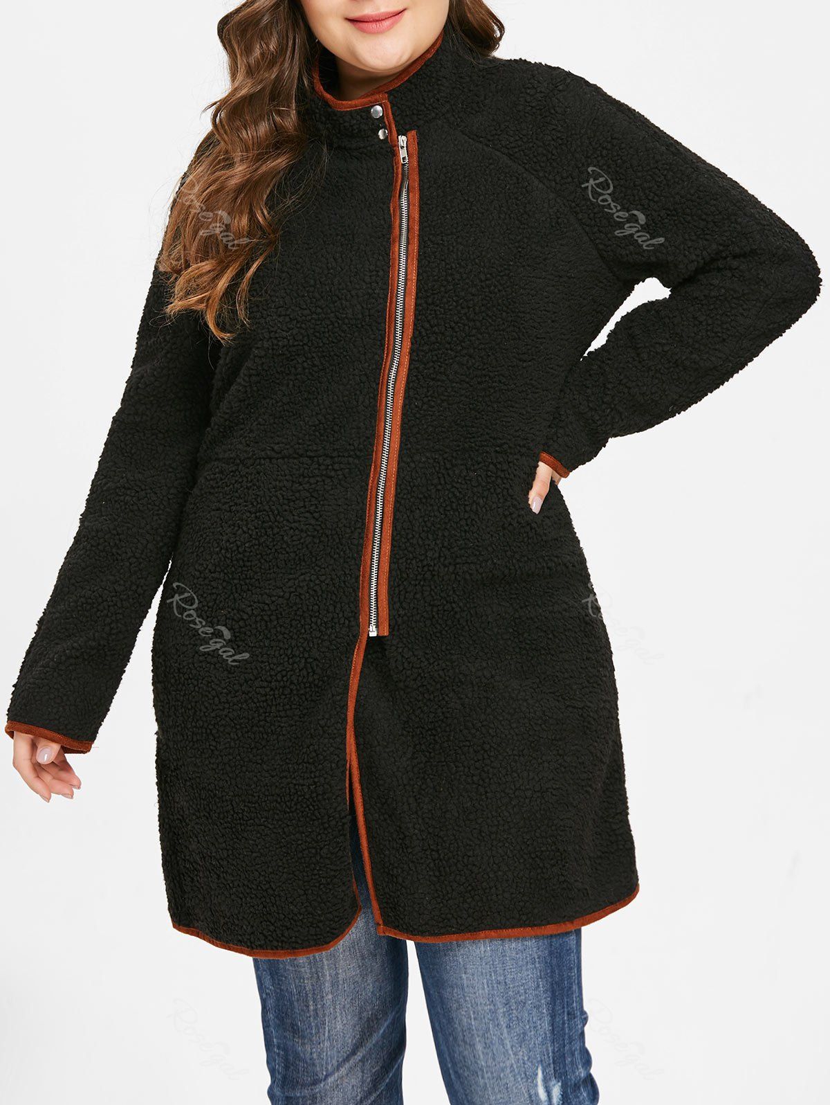 

Plus Size Zip Fly Faux Fur Coat, Black