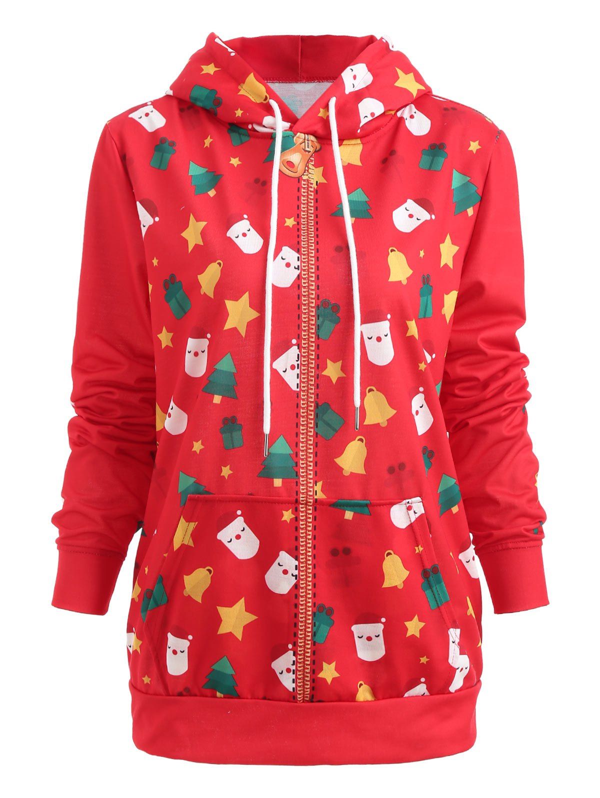 

Christmas Faux Zip Print Drawstring Hoodie, Red