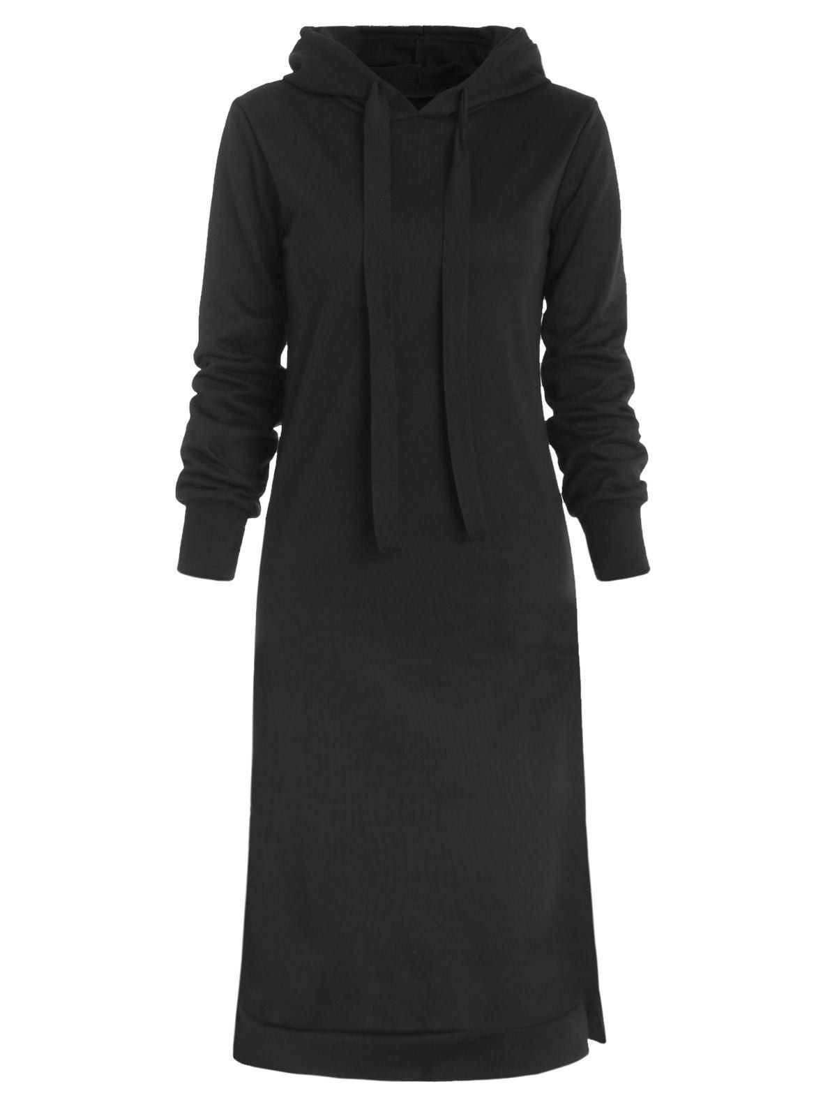 

Drawstring Side Slit Hooded Dress, Black