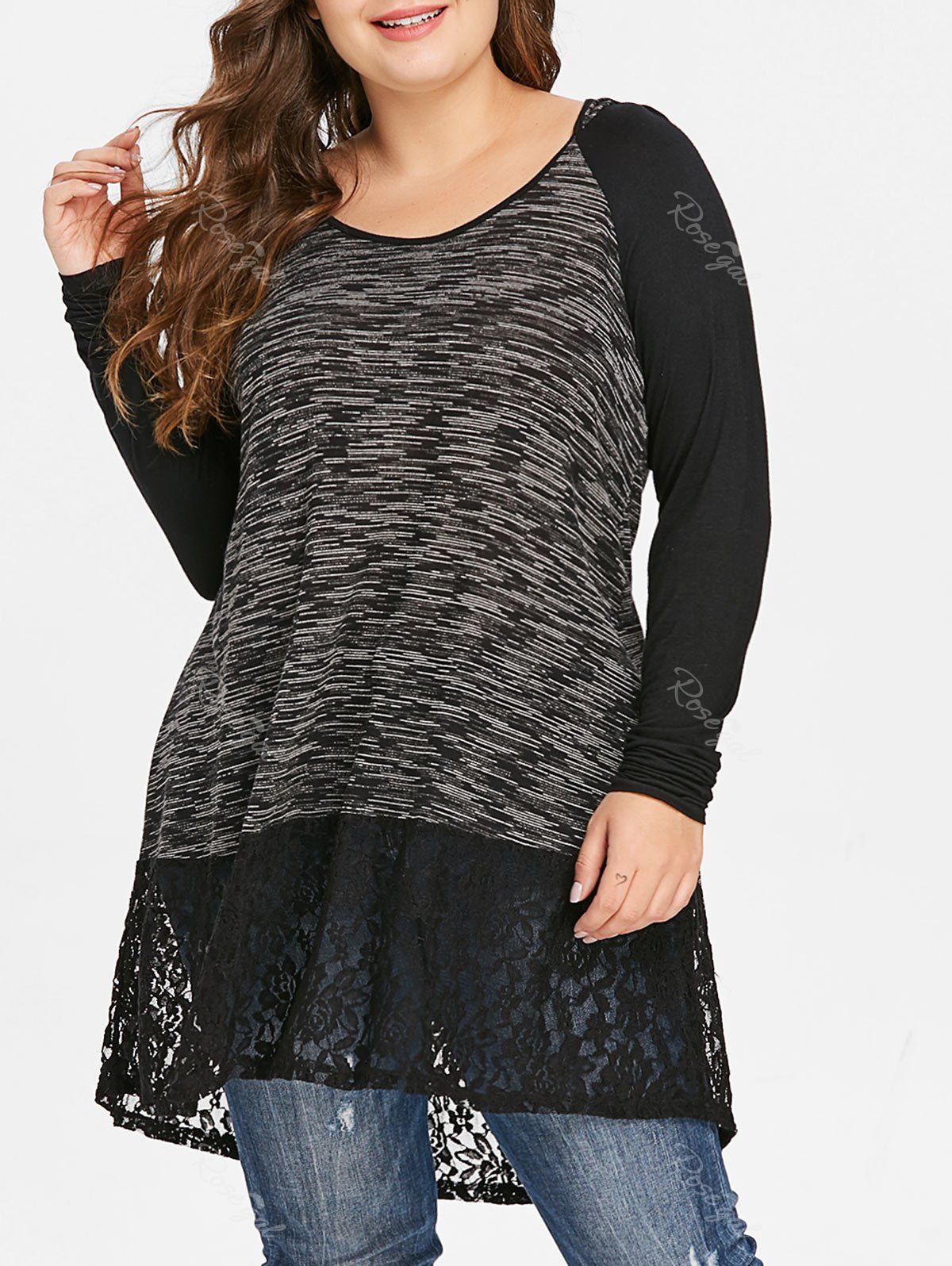 

Plus Size Lace Insert Hooded T-shirt, Gray