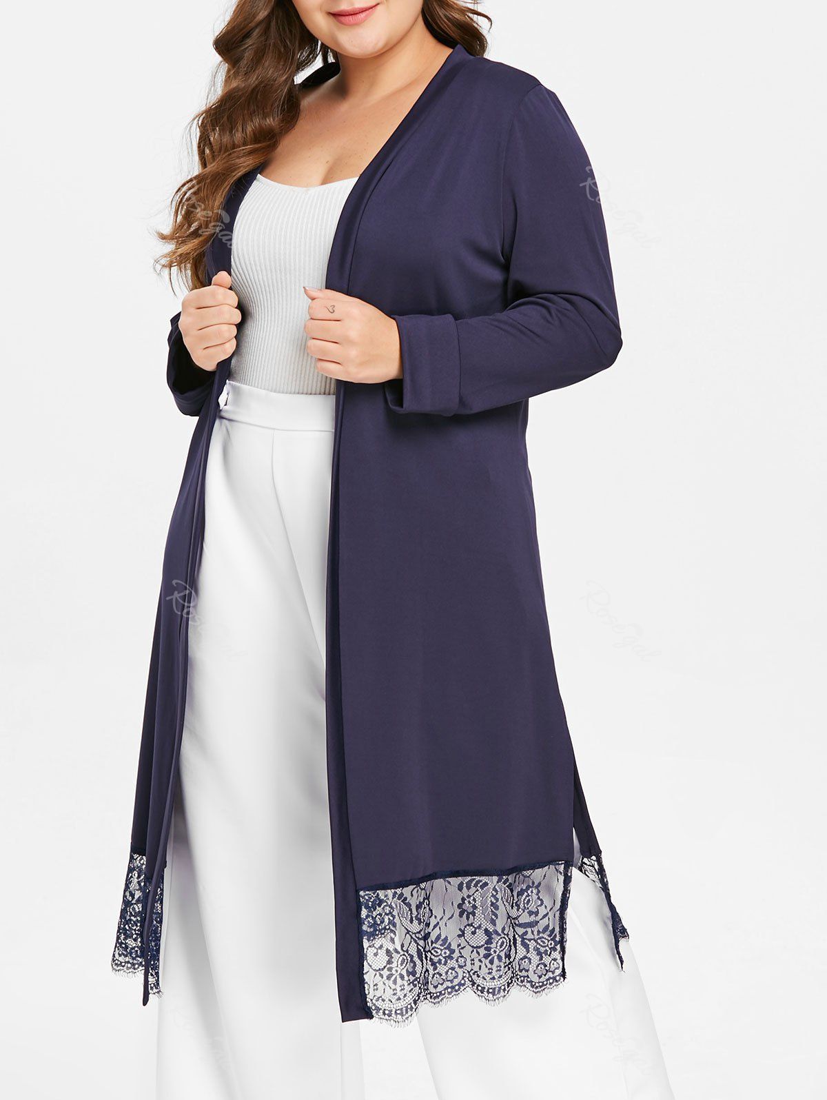 

Eyelash Lace Hem Plus Size Tunic Coat, Deep blue