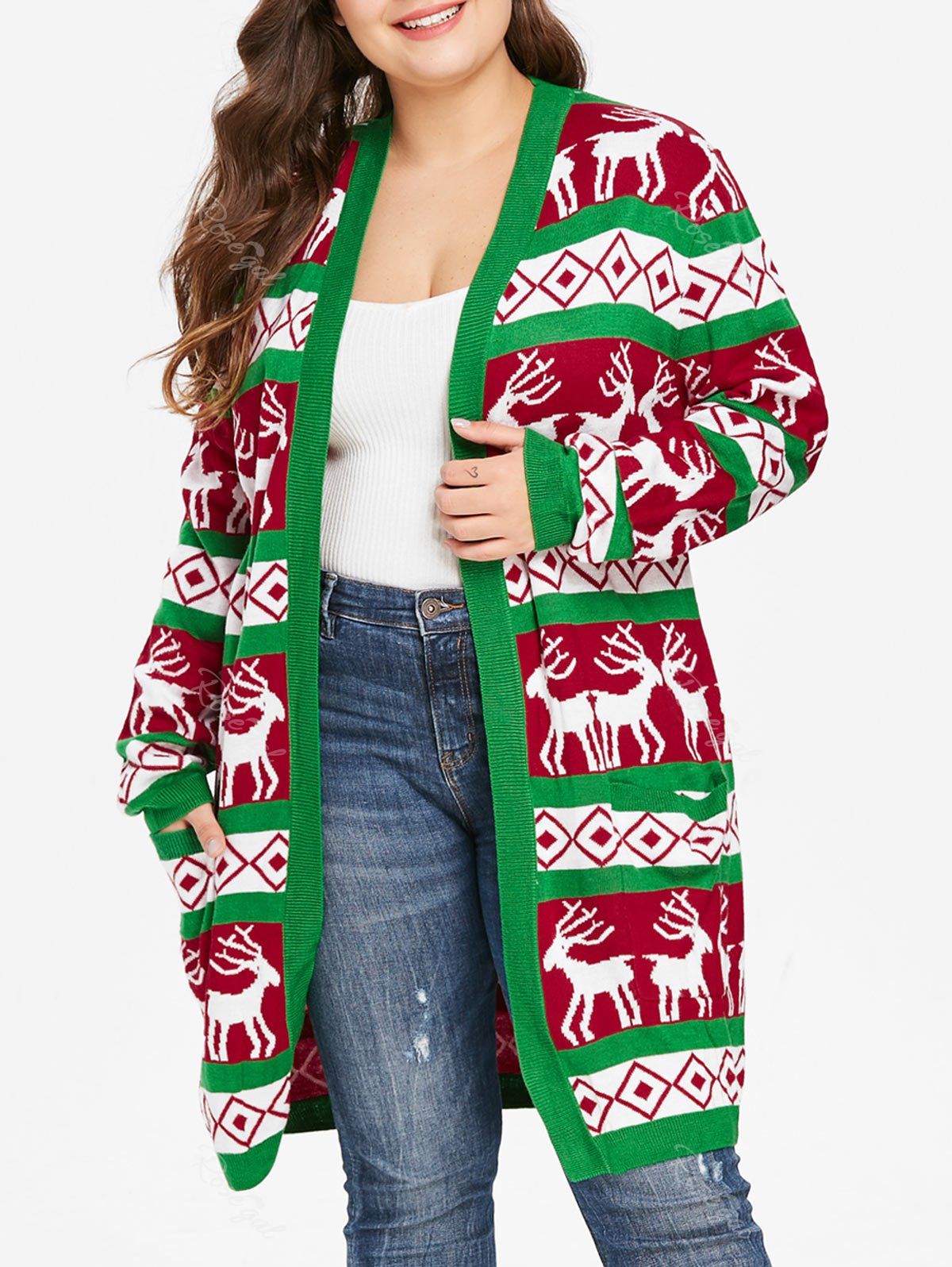 

Christmas Plus Size Elk Print Open Front Cardigan, Cherry red