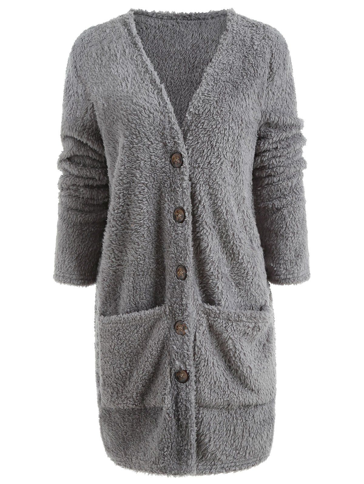 

Faux Fur Button Up Long Coat, Gray cloud