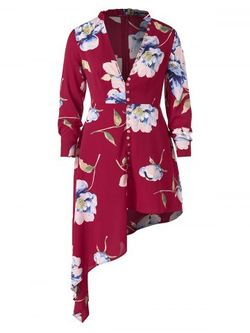 Plus Size Plunge Floral Asymmetrical Dress - RED WINE - 3X
