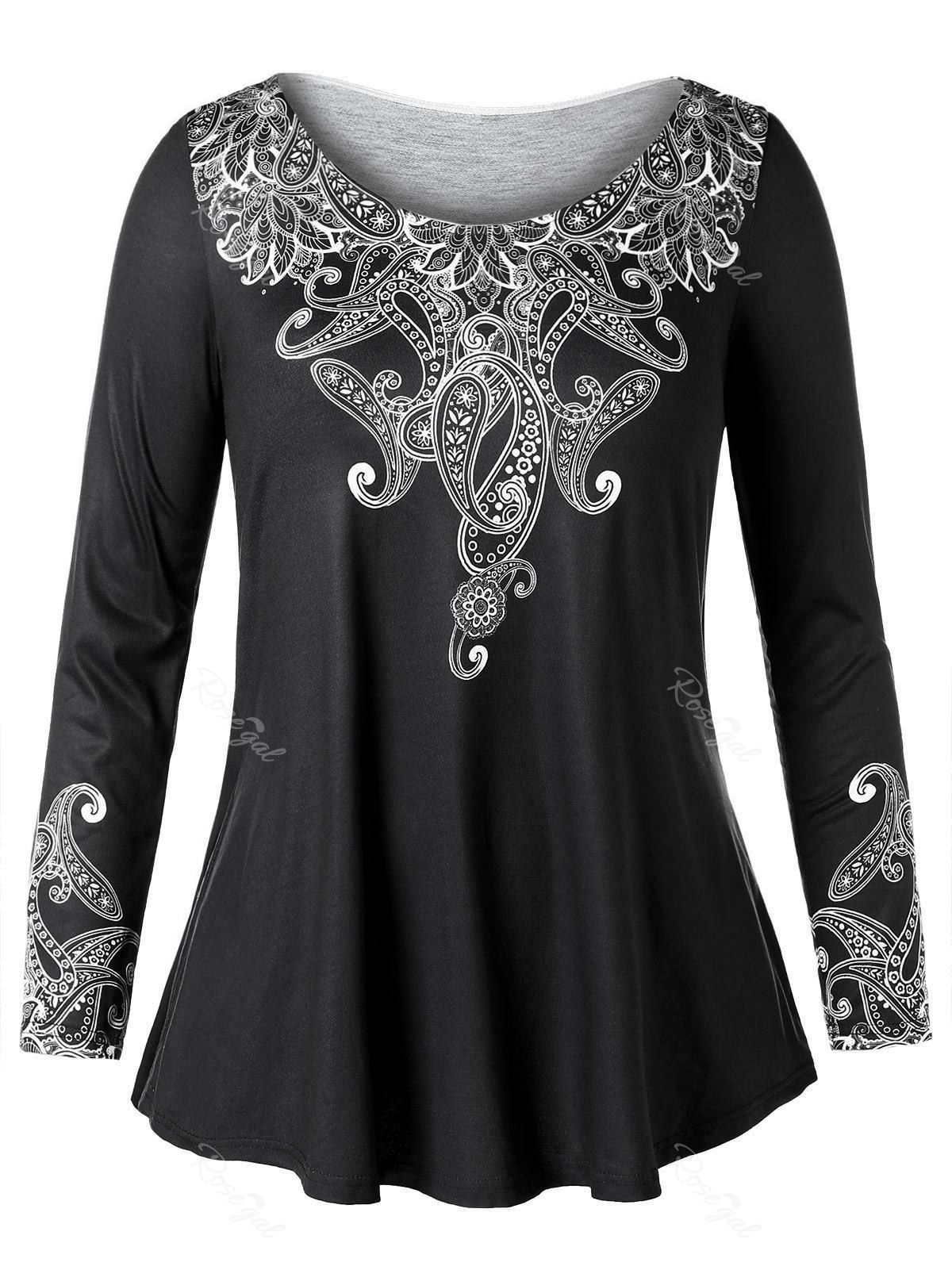Long Sleeve Plus Size Ethnic Print T-shirt, Black