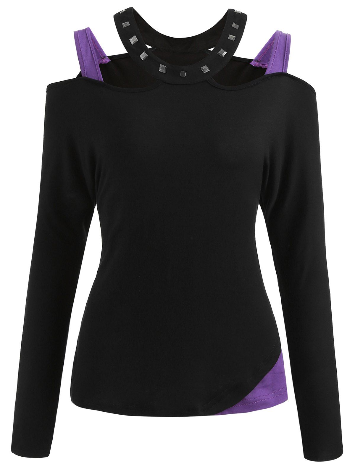 

Cut Out Shoulder Rivet Collar T-shirt, Black