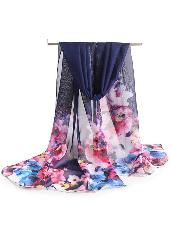 

Flourishing Floral Printing Chiffon Long Scarf, Navy blue
