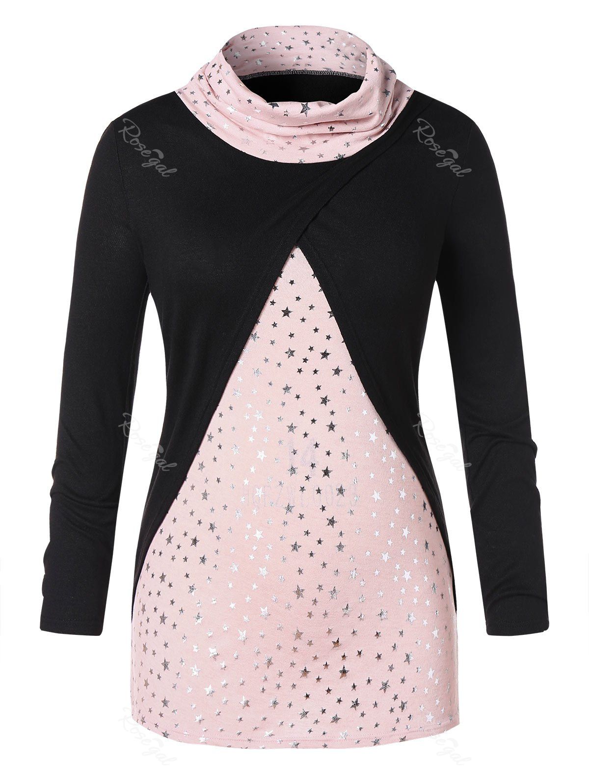 

Plus Size Faux Twinset Long Sleeve Star Print T-shirt, Black