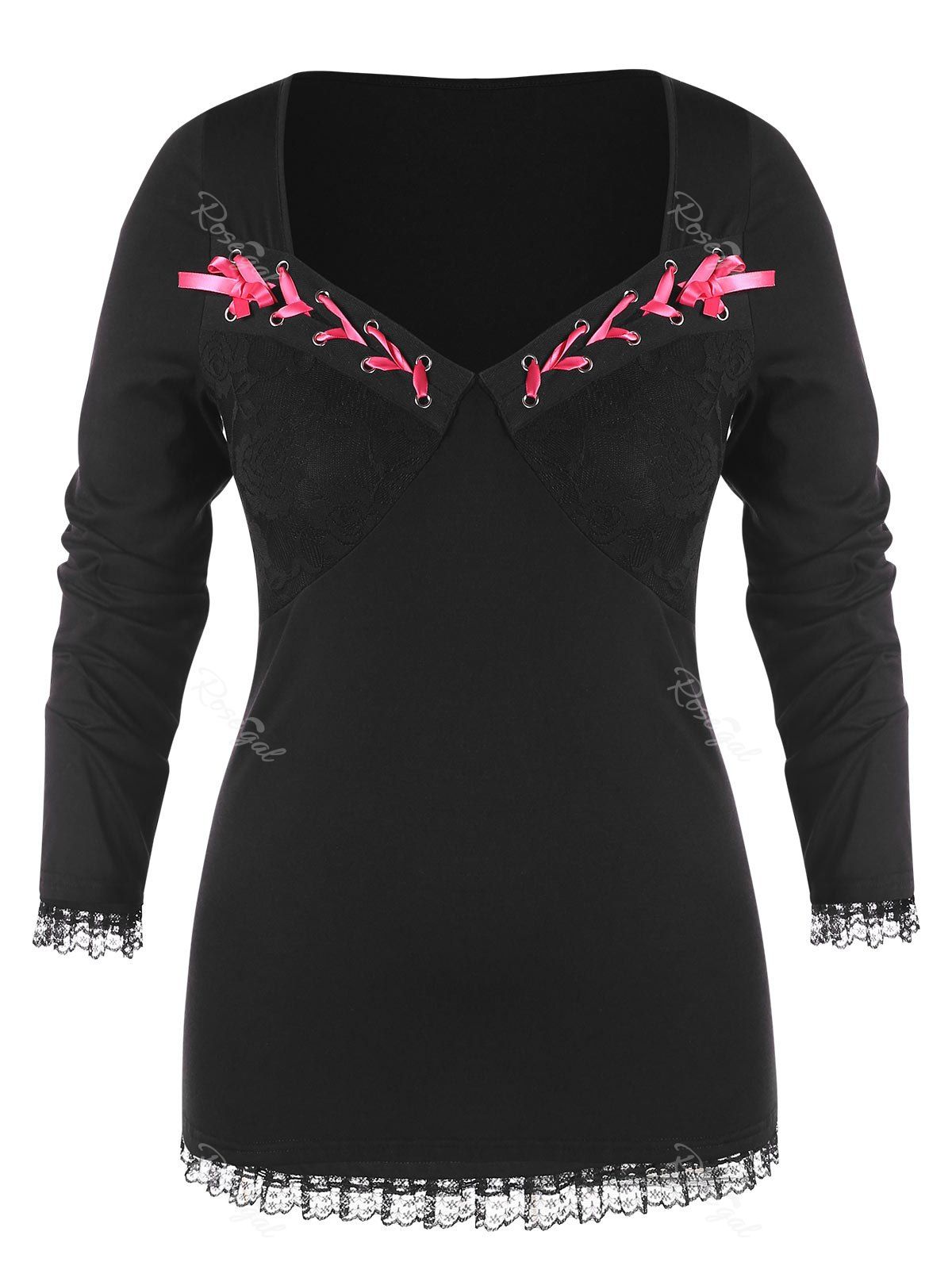 Sweetheart Neck Plus Size Lace Hem T-shirt, Black