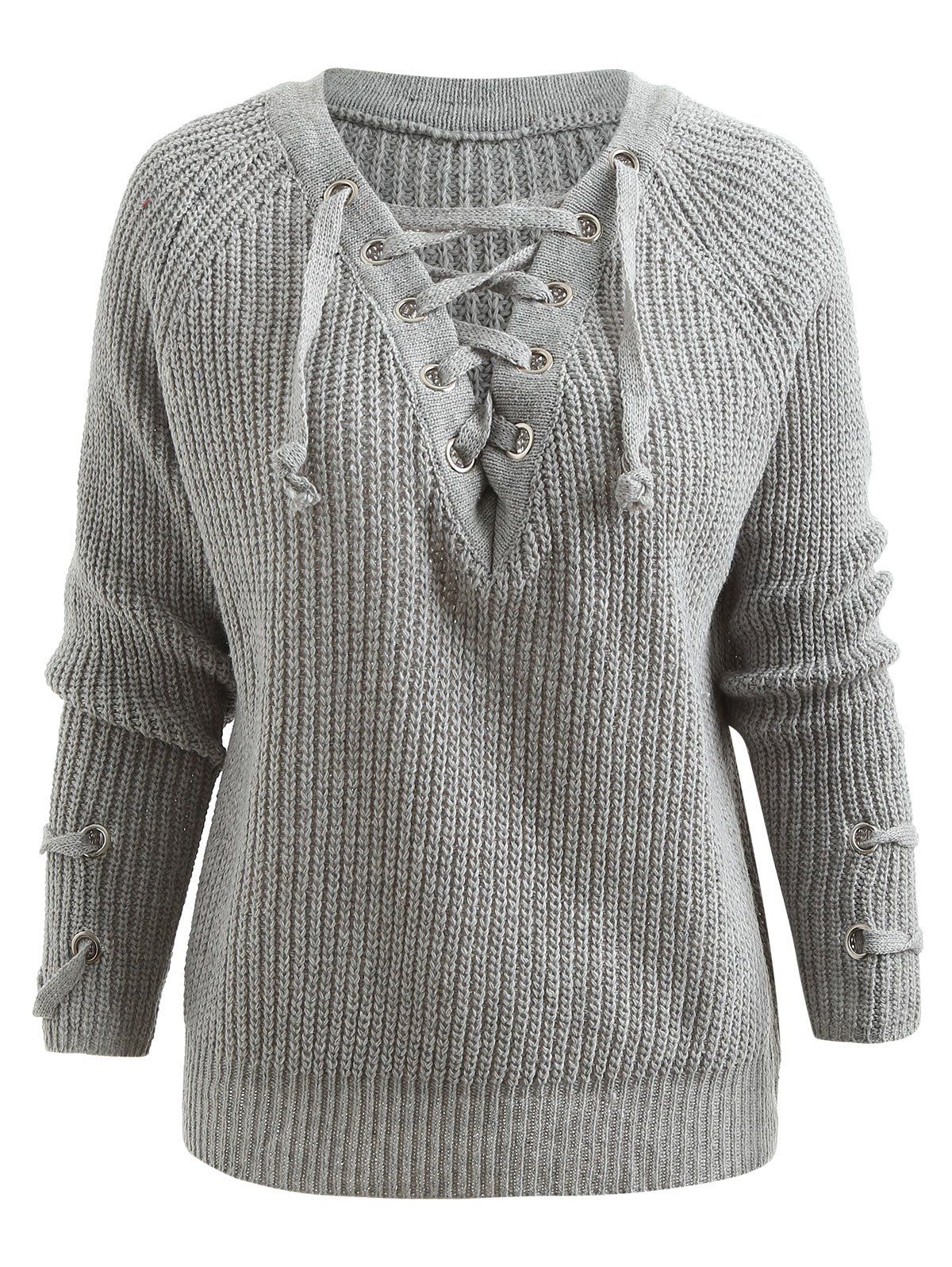 

Raglan Sleeve Lace Up Chunky Sweater, Gray