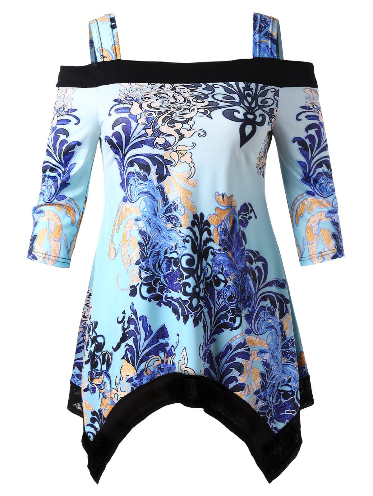 

Plus Size Cold Shoulder Floral Print Handkerchief Blouse, Light blue