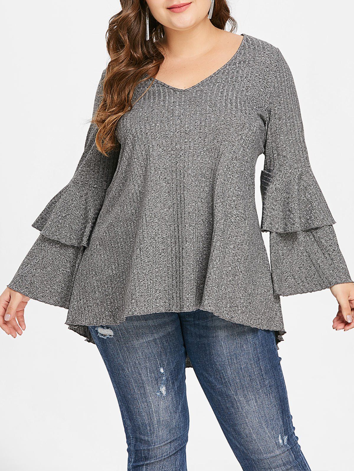 

Plus Size Layered Flare Sleeve Ribbed T-shirt, Gray