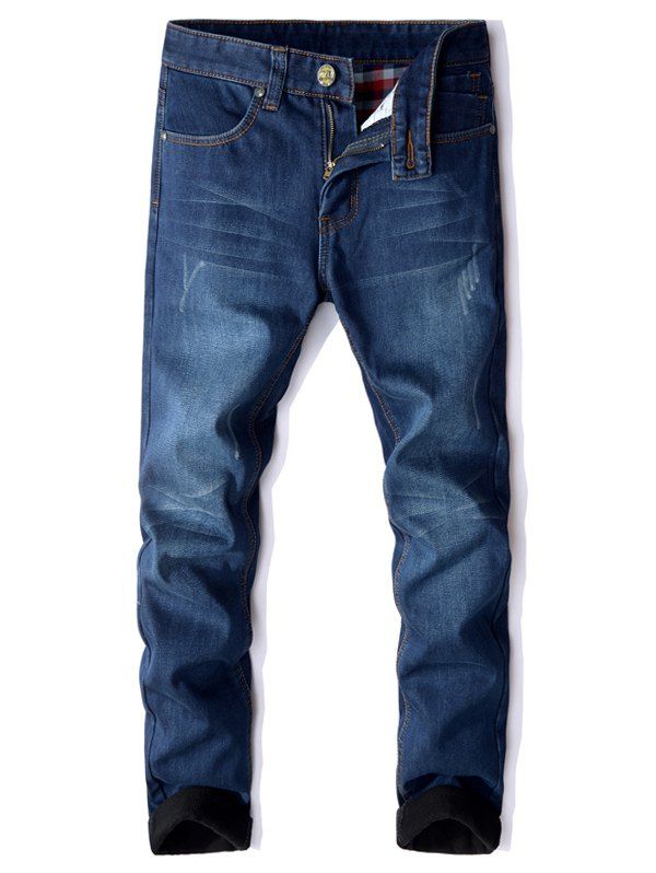 

Zipper Elasticity Ripped Cuffed Jeans, Denim dark blue