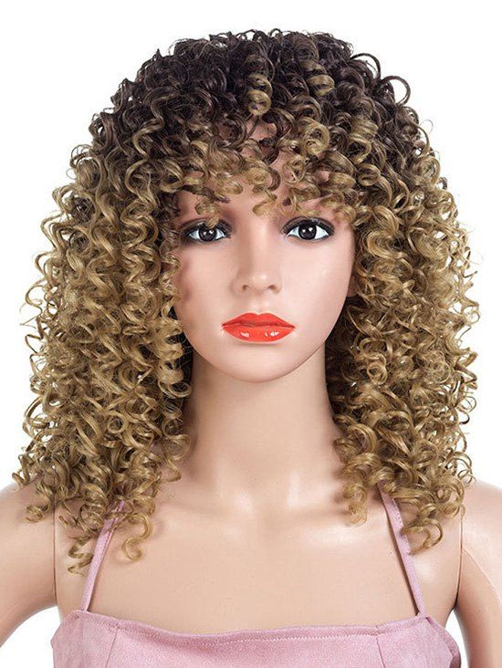 

Ombre Full Bang Medium Kinky Curly Synthetic Wig, Multi