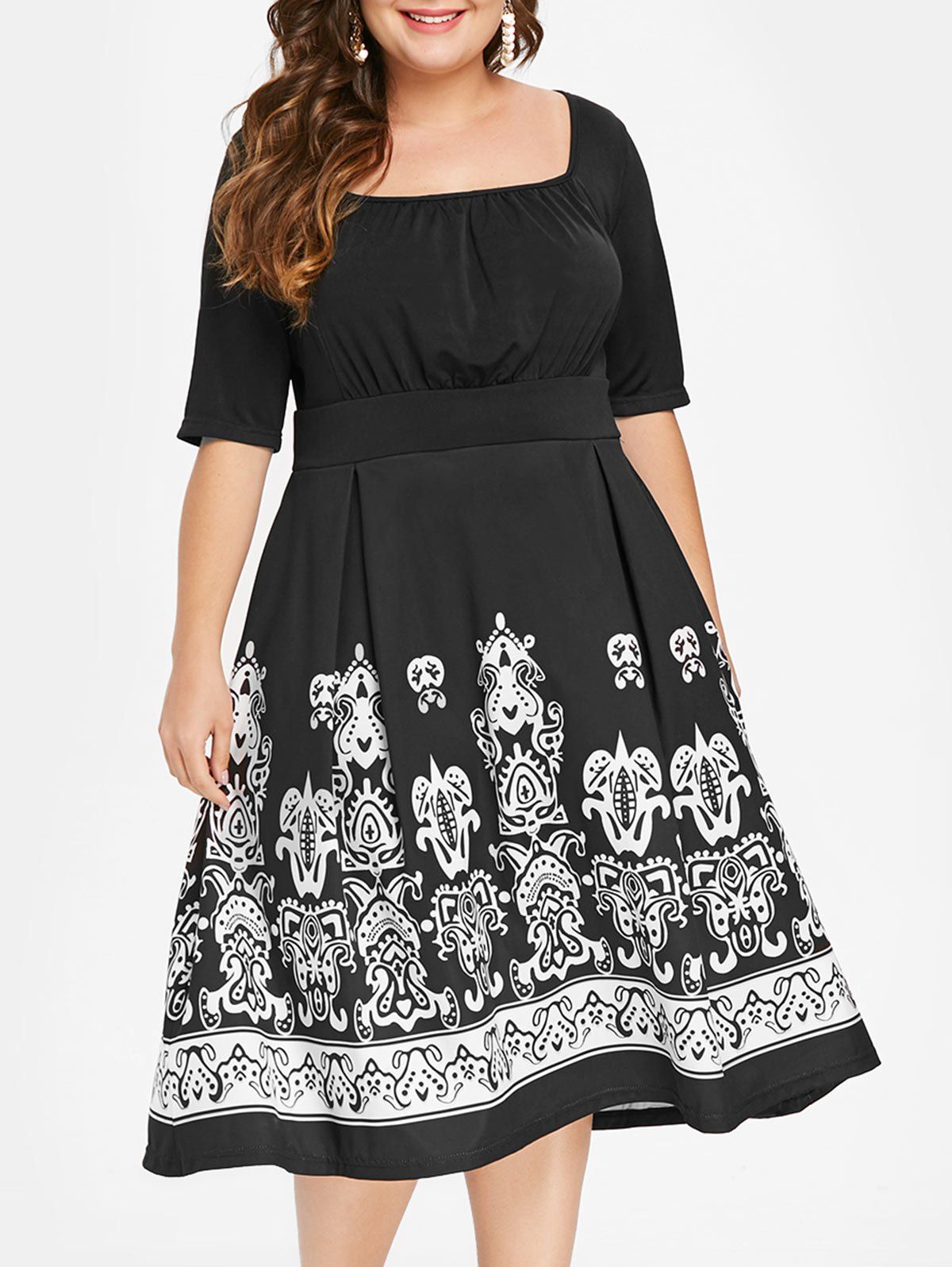 

Plus Size Tribal Print Midi High Waist Dress, Black