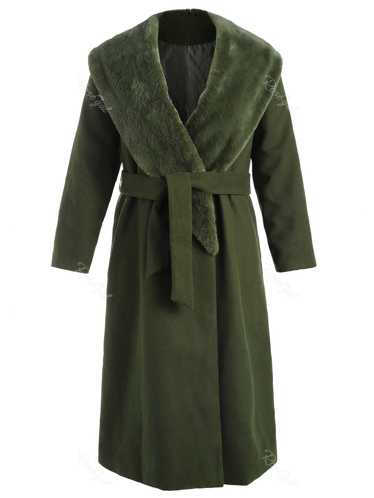 Manteau Enveloppé de Grande Taille avec Fausse Fourrure Vert Foncé L