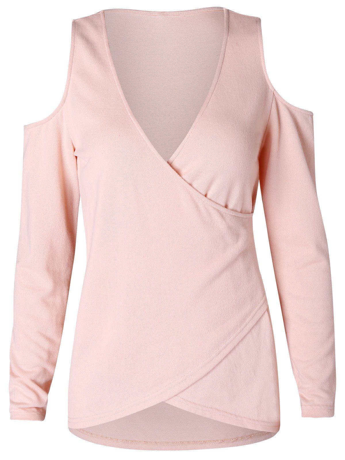 

Solid Color Cold Shoulder Wrap T-shirt, Deep peach