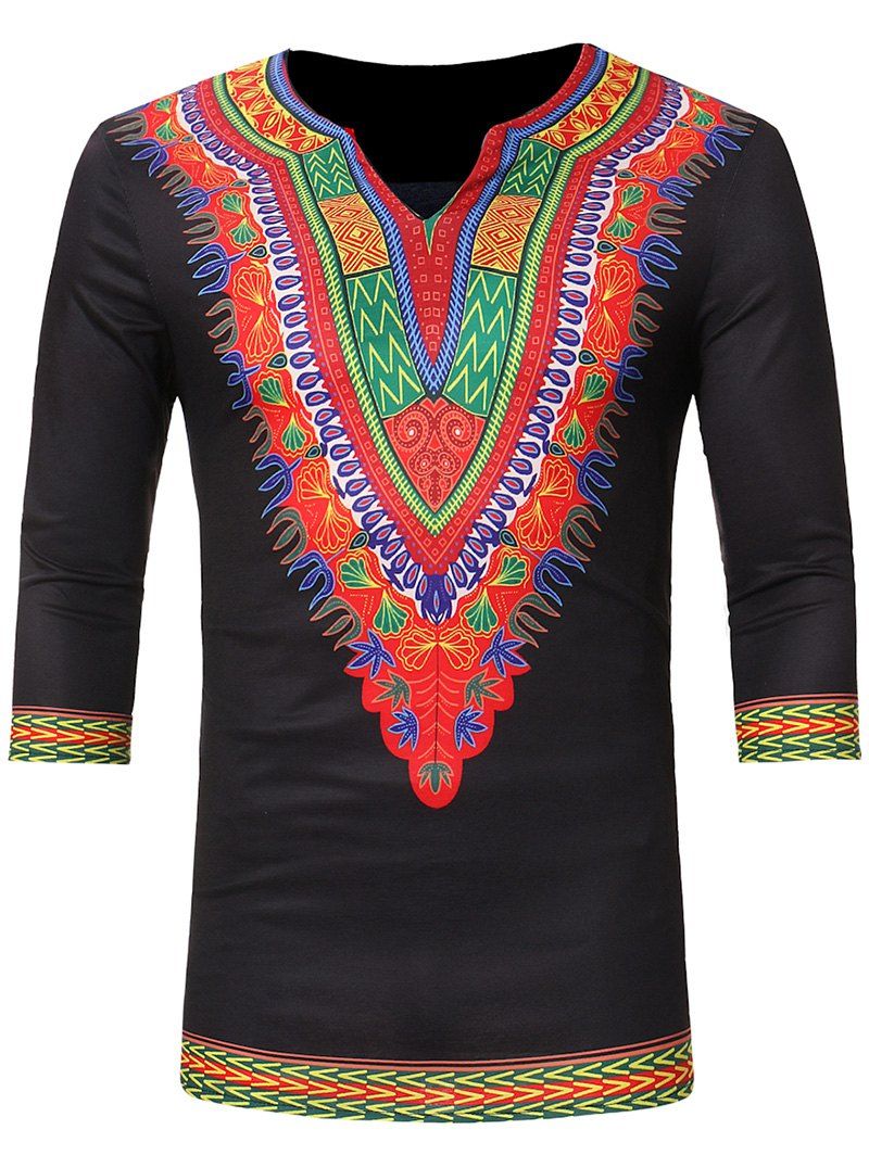 

Africa Tribal Print Three Quarter Sleeve T-shirt, Black