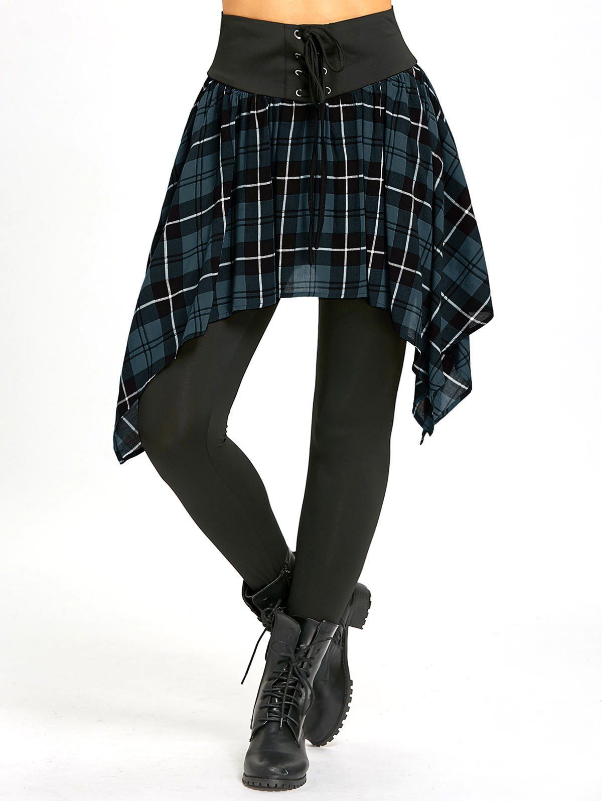 

Lace Up Asymmetric Plaid Skirted Leggings, Light blue