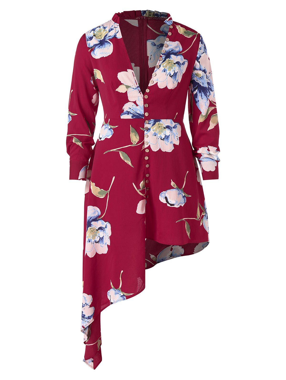 

Plus Size Plunge Floral Asymmetrical Dress, Red wine