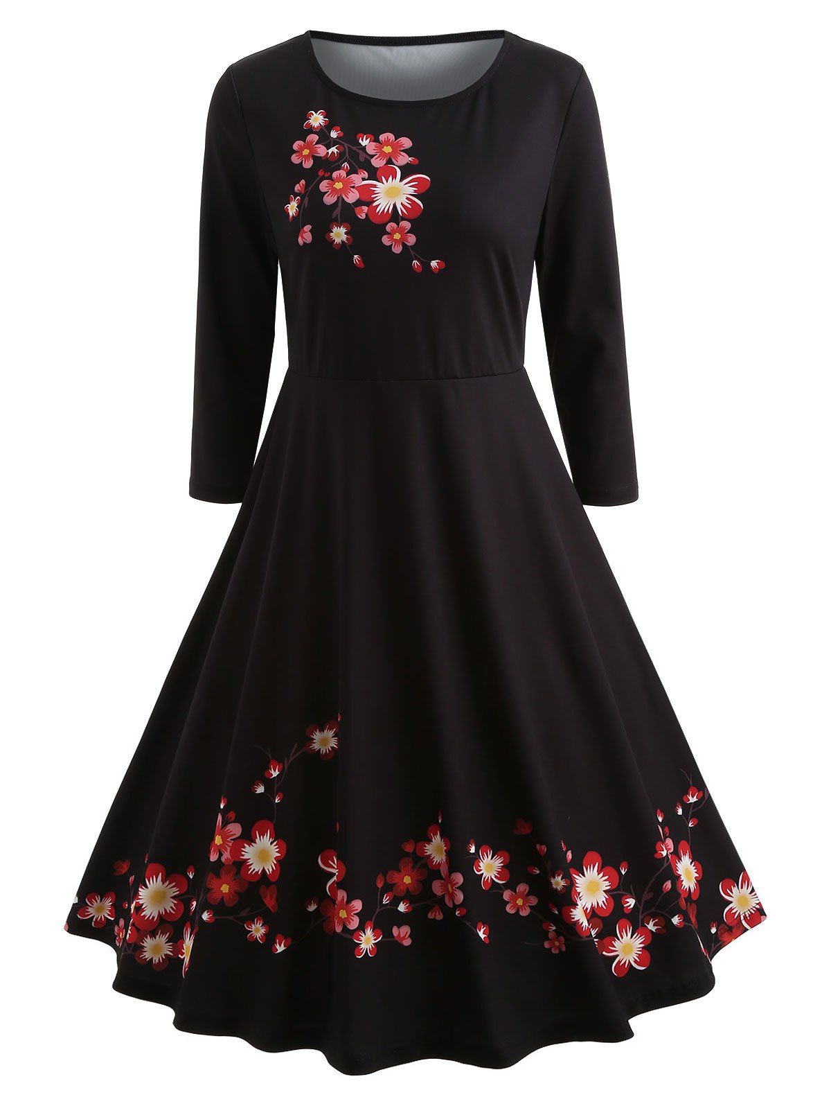 

Vintage Knee Length Floral Print Dress, Black