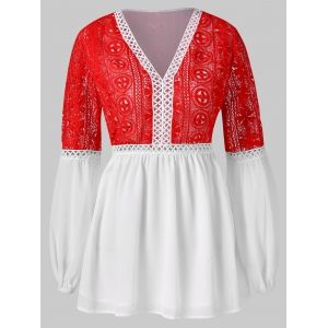 

Two Tone Lace Crochet Peplum Blouse, White