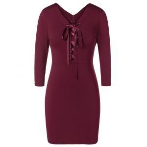 

Plus Size Lace Up Bodycon Dress, Red wine