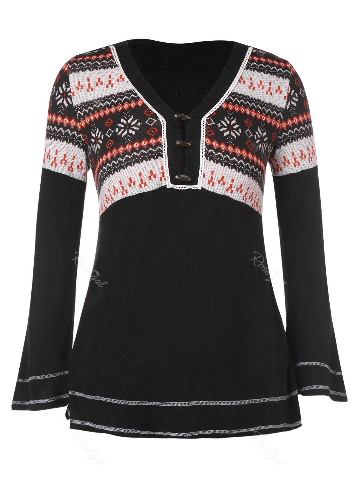 

Plus Size V Neck Buttons Flare Sleeves Christmas SnowflakeTee, Black