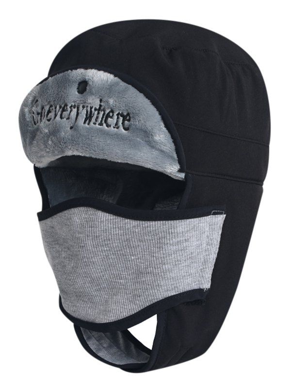 

Letter Embroidery Windproof Trapper Hat, Black