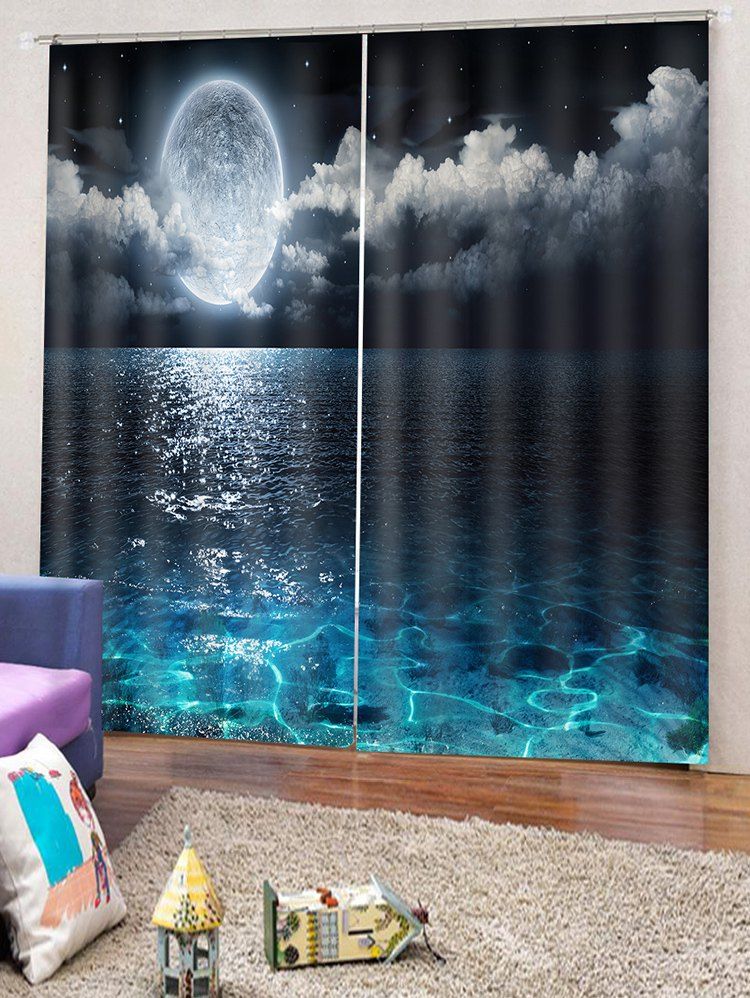 

2PCS Sea Moon Night Pattern Window Curtains, Black