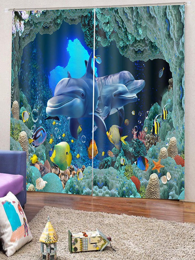 

2PCS Seabed Dolphin Pattern Window Curtains, Blue koi