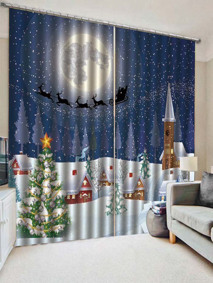 

2PCS Christmas Tree Moon Night Pattern Window Curtains, Denim dark blue