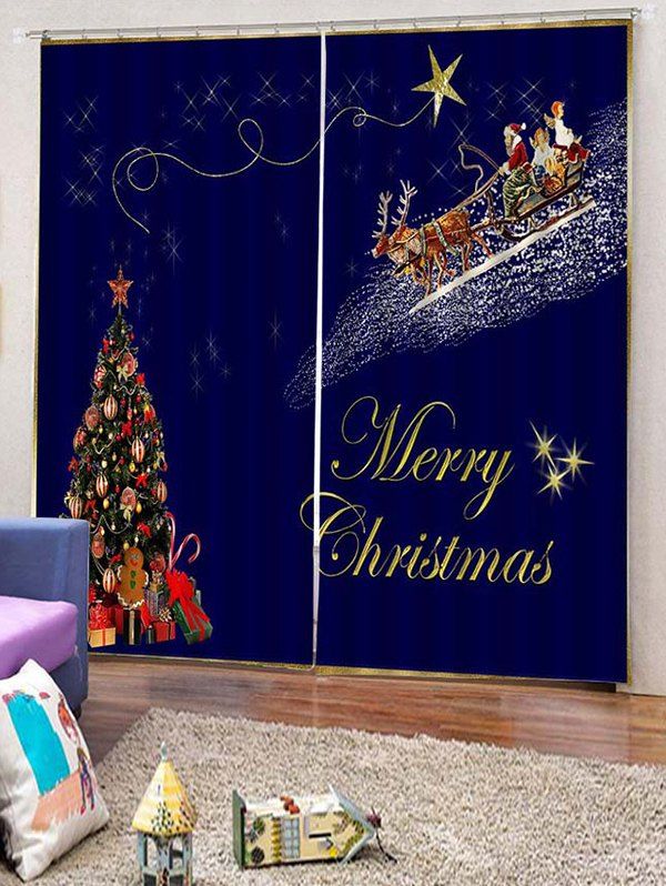 

2PCS Father Christmas Tree Gift Pattern Window Curtains, Denim dark blue