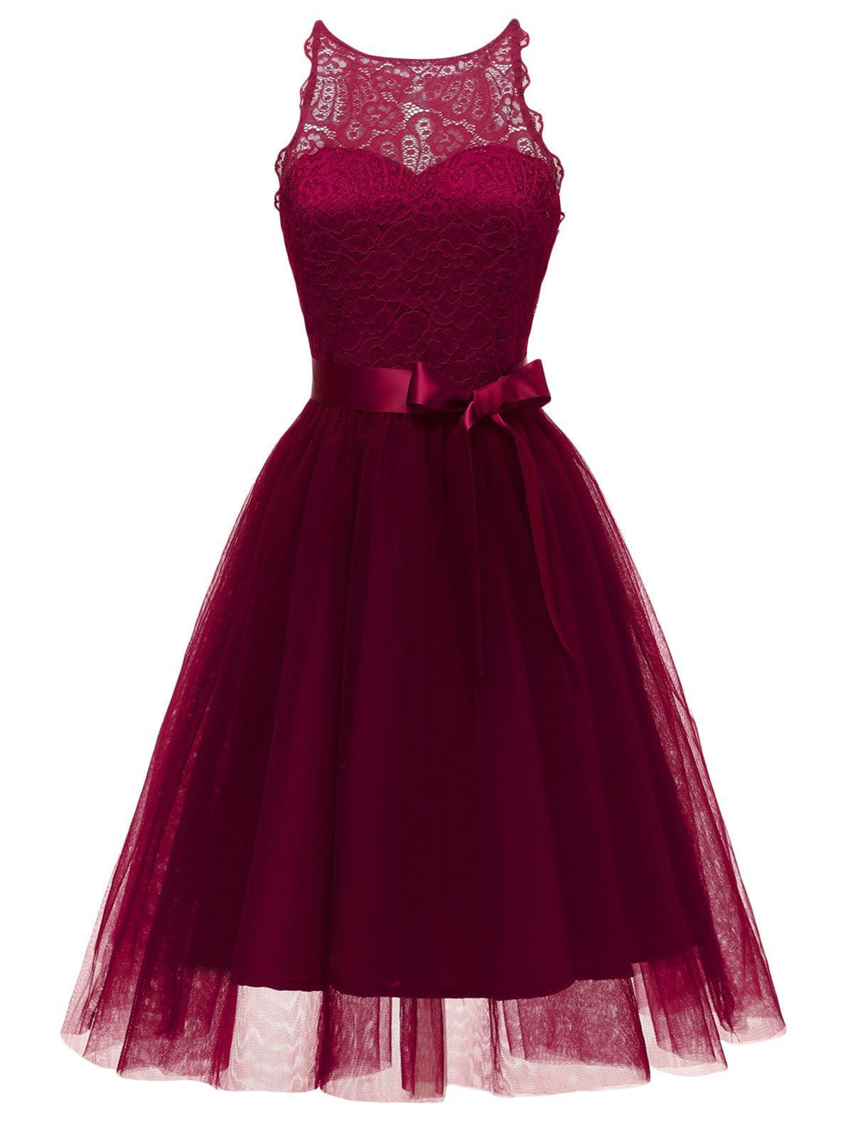 Lace Tulle Fit and Flare Prom Dress, Red wine