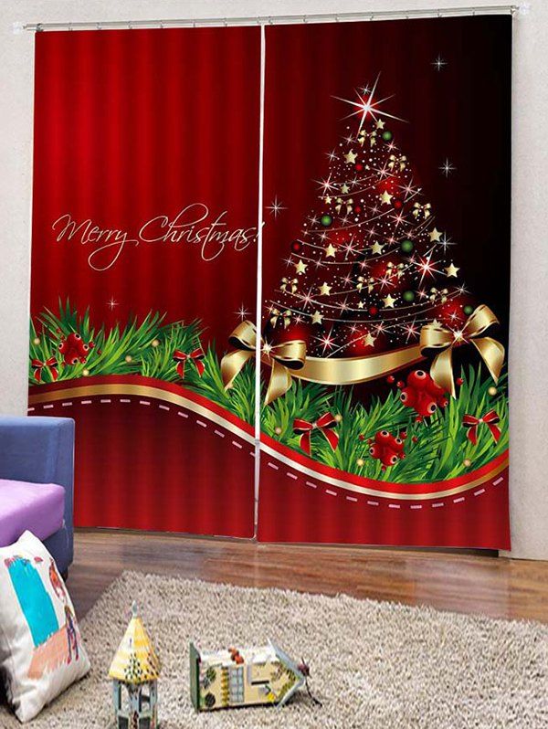 

2PCS Merry Christmas Tree Star Pattern Window Curtains, Red wine