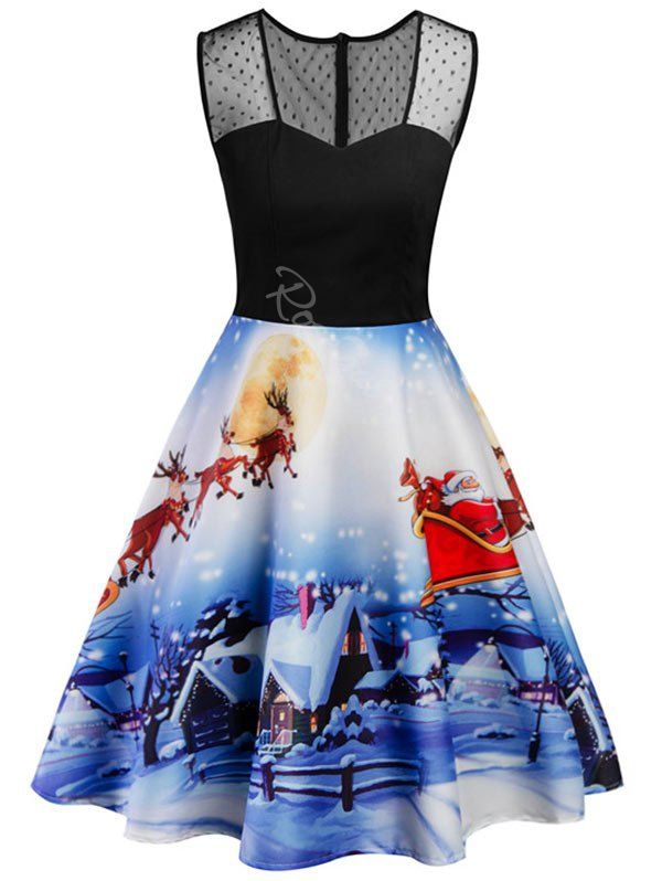 

Plus Size Mesh Panel Christmas Santa Claus Print Vintage Dress, Blue