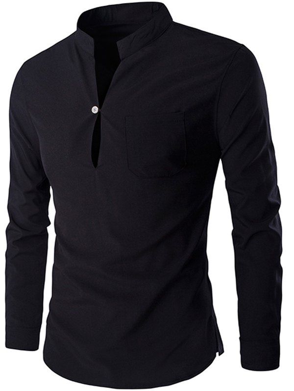 

Mandarin Collar Long Sleeve Slim Fit Shirt, Black