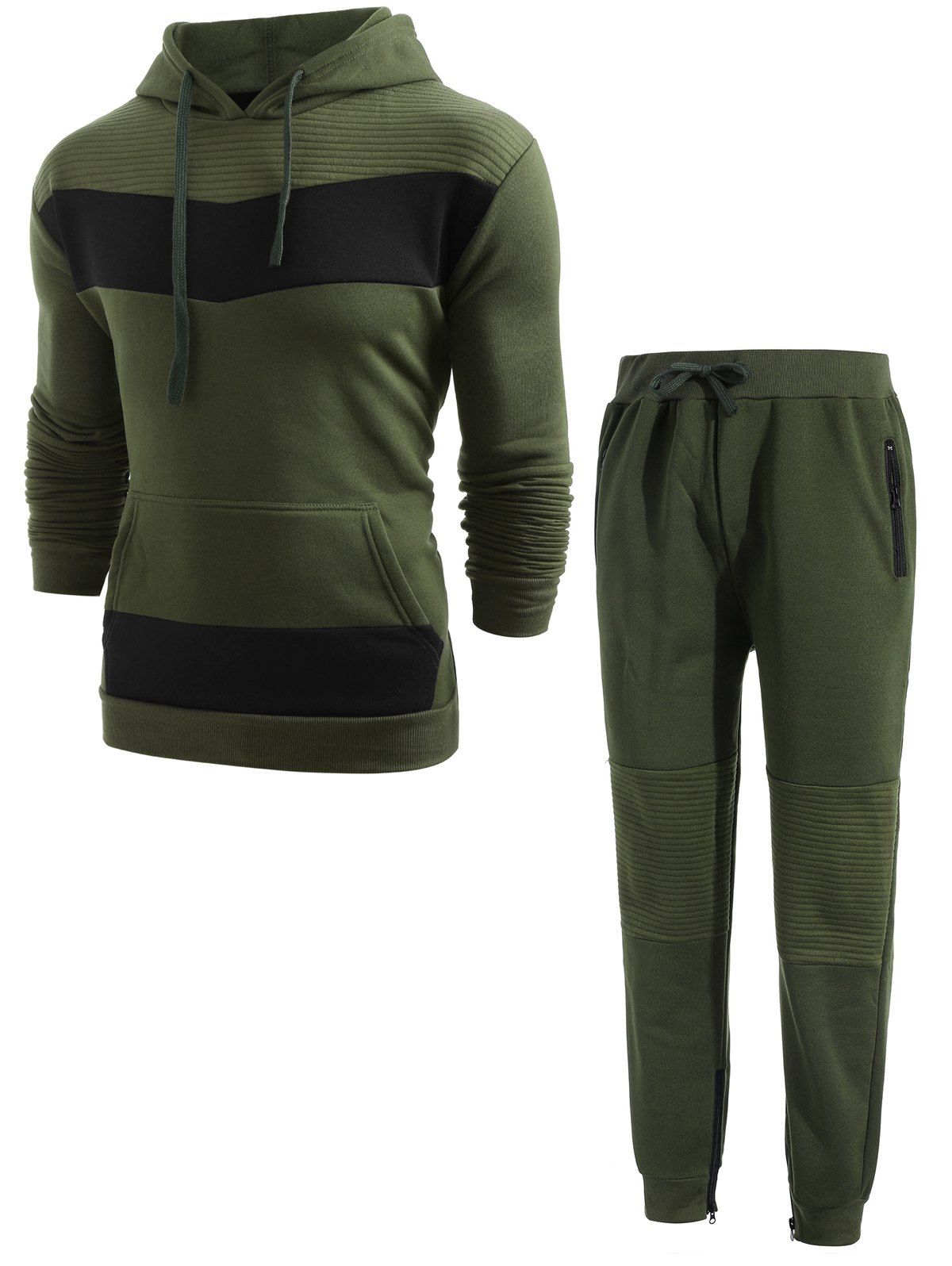 

Contrast Pleated Stripe Patchwork Fleece Hoodie Sweatpants Suit, Army green