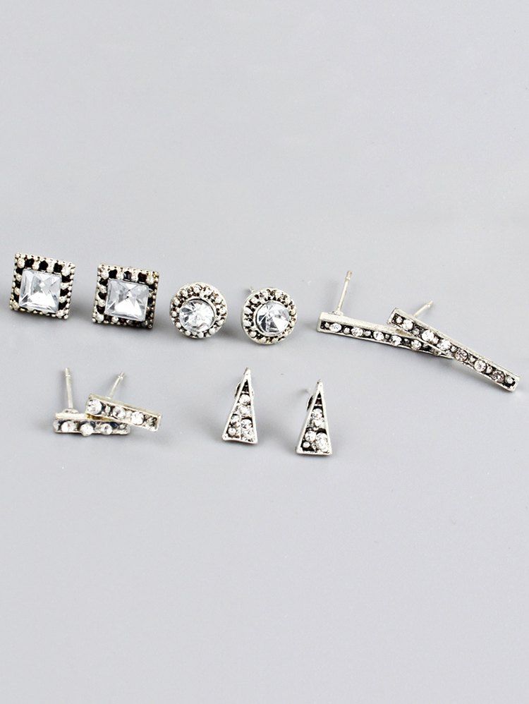 

5Pcs Geometric Rhinestone Earrings Set, Silver