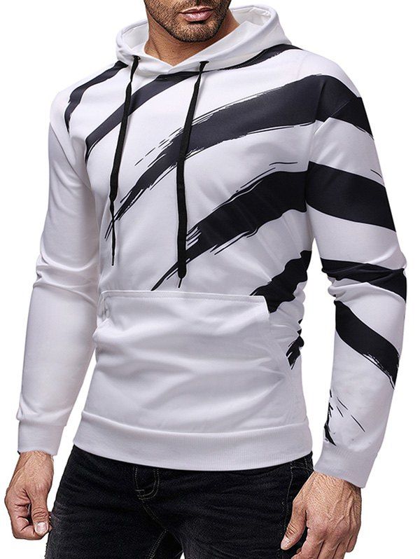 

Kangaroo Pocket Paint Stripe Print Hoodie, White