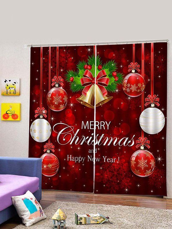 

2PCS Merry Christmas Bell Ball Pattern Window Curtains, Red wine