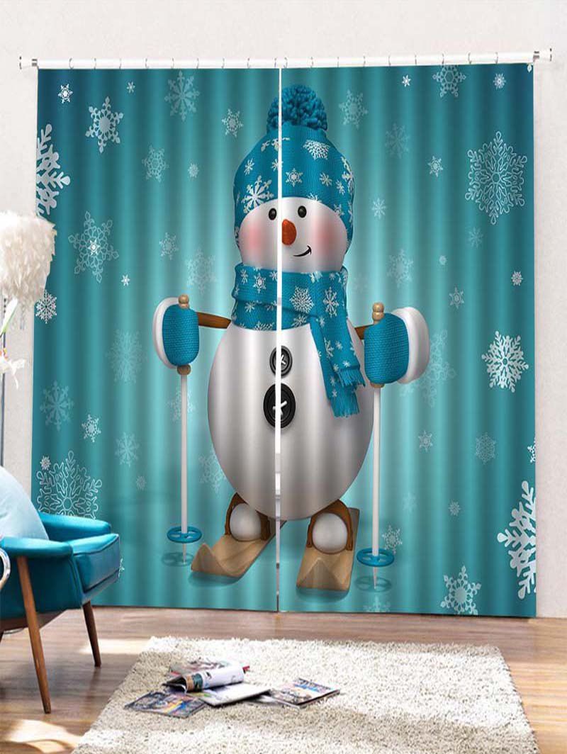 Rideaux De Fenêtre de Noël  Motif Bonhomme de Neige 2 Pièces Bleu Vert Ara  W28 x L39 inch x 2pcs